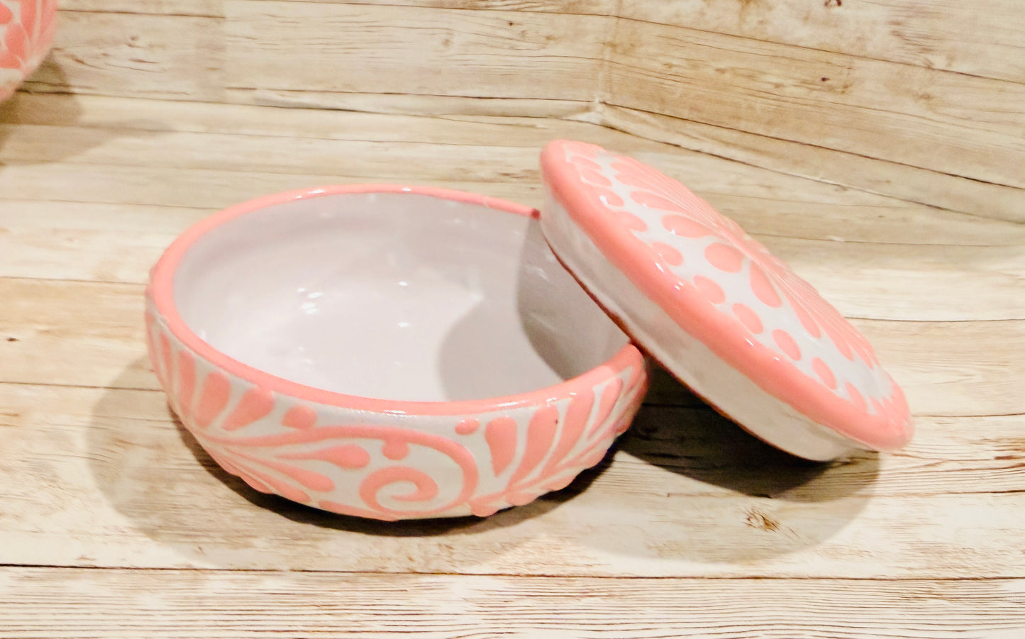 Mexican Pink Talavera Coffeepot Teapot Set with Sugar Bowl and Serving Dish with Lid Talavera Rosa Tetera con Azucarera y Charola Chica para Servir