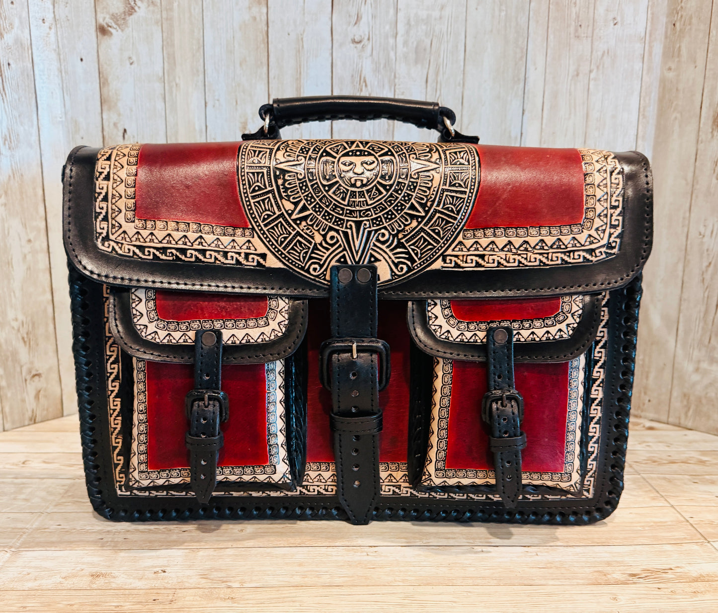 Tooled Leather  Handmade Aztec Satchel Mexican Artisan Shoulder Bag