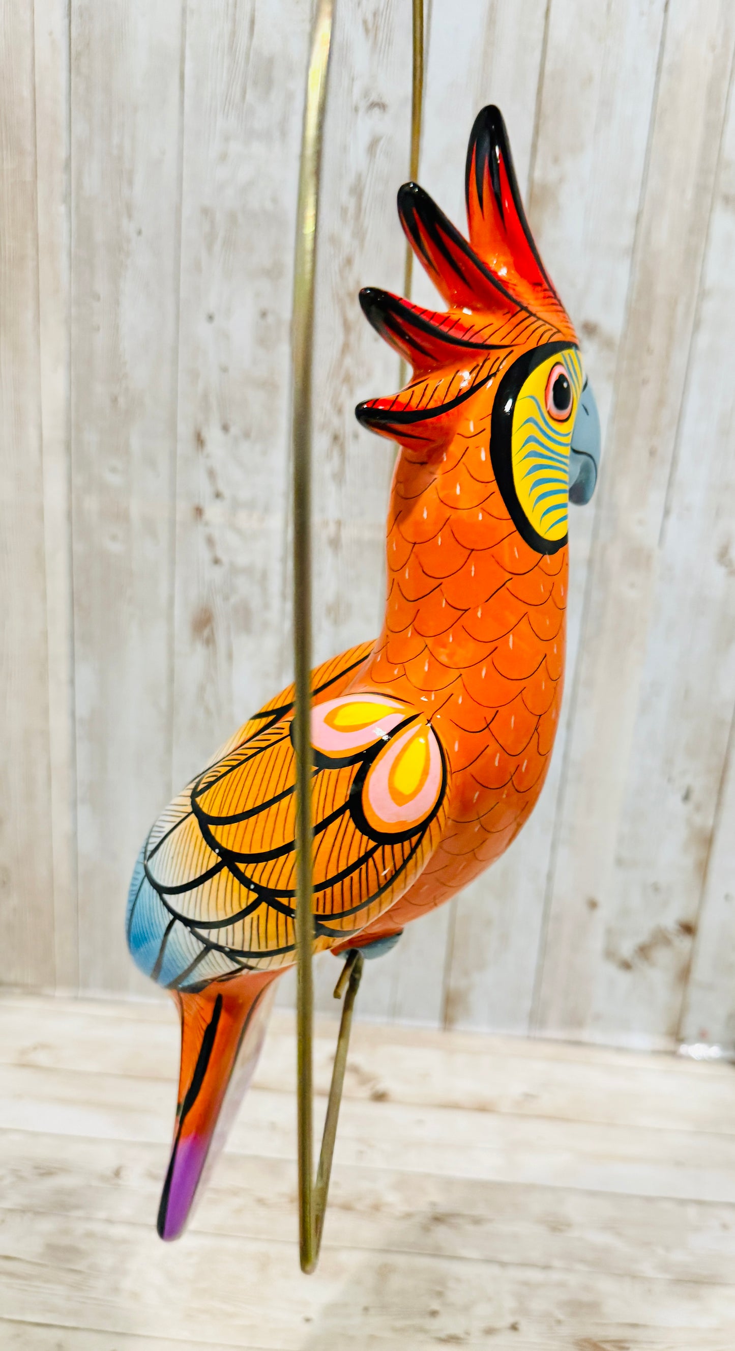 Mexican Exotic Ceramic Bird on a Perch Pajaro Mexicano de Ceramic en Aro