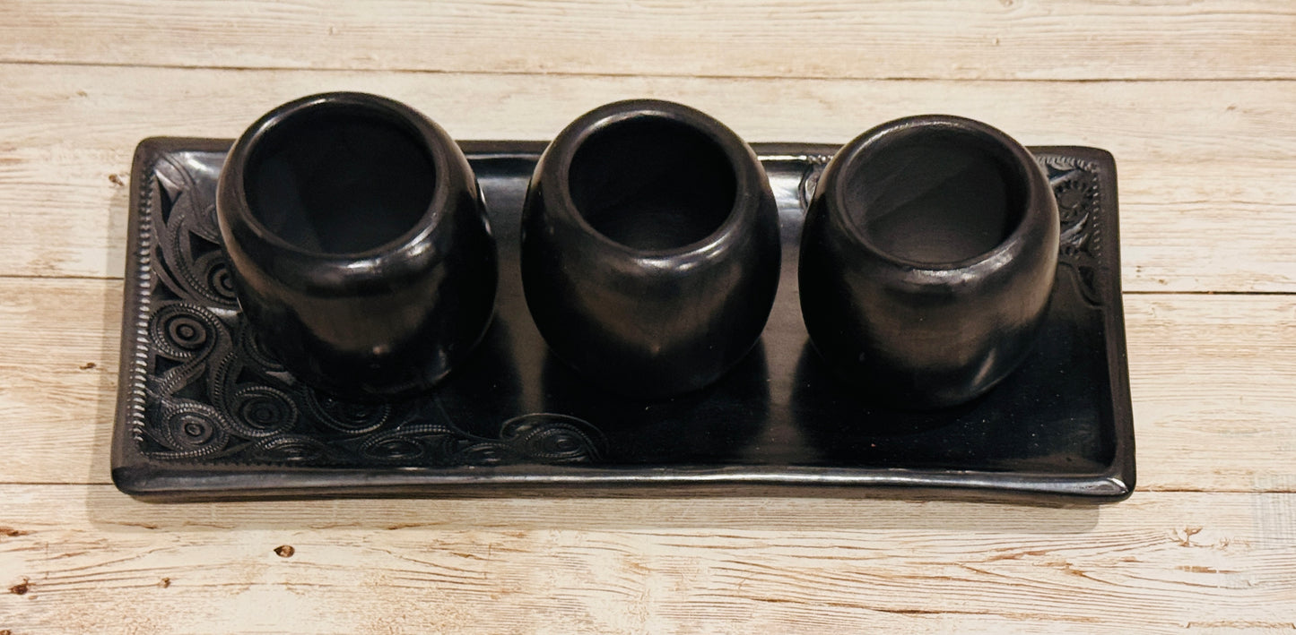 Black Oaxacan Shot Glasses Set with Plate 3 Vasos Tequileros con Bandeja