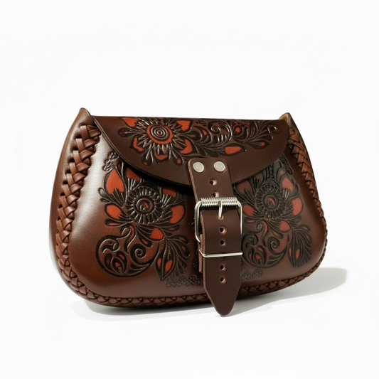 Mexican Leather Tooled Crossbody Handbag Bolsa Mexicana de Piel Cincelada