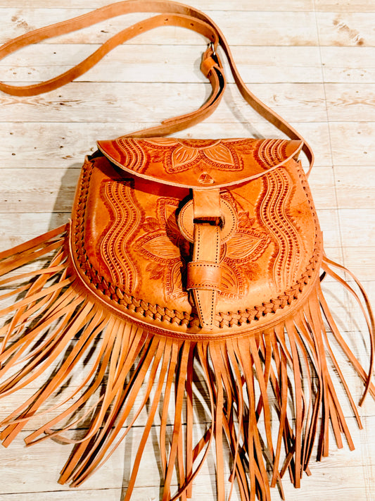 Mexican Leather Tooled Fringe Crossbody Handbag Bolsa Mexicana de Piel Cincelada con Flecos