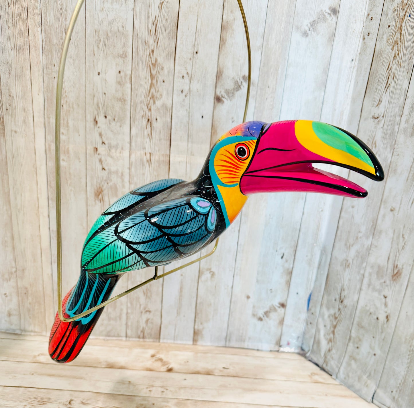 Mexican Exotic Ceramic Bird on a Perch Pajaro Mexicano de Ceramic en Aro