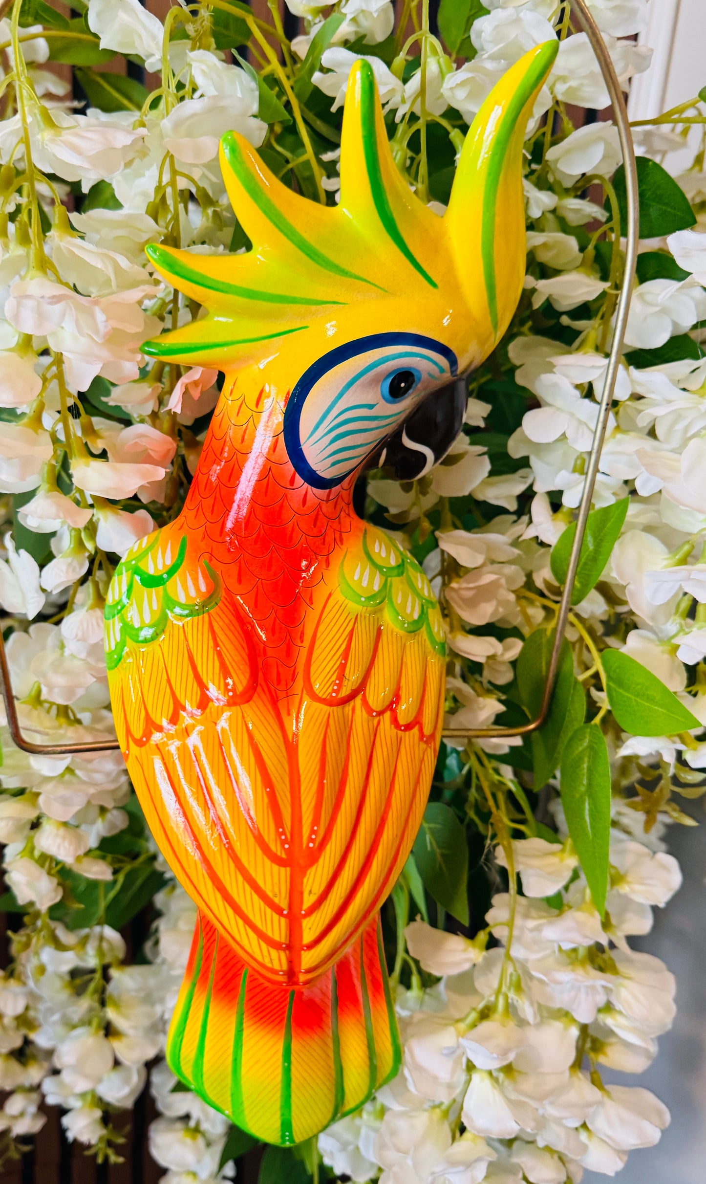 Mexican Exotic Ceramic Bird on a Perch Pajaro Mexicano de Ceramic en Aro