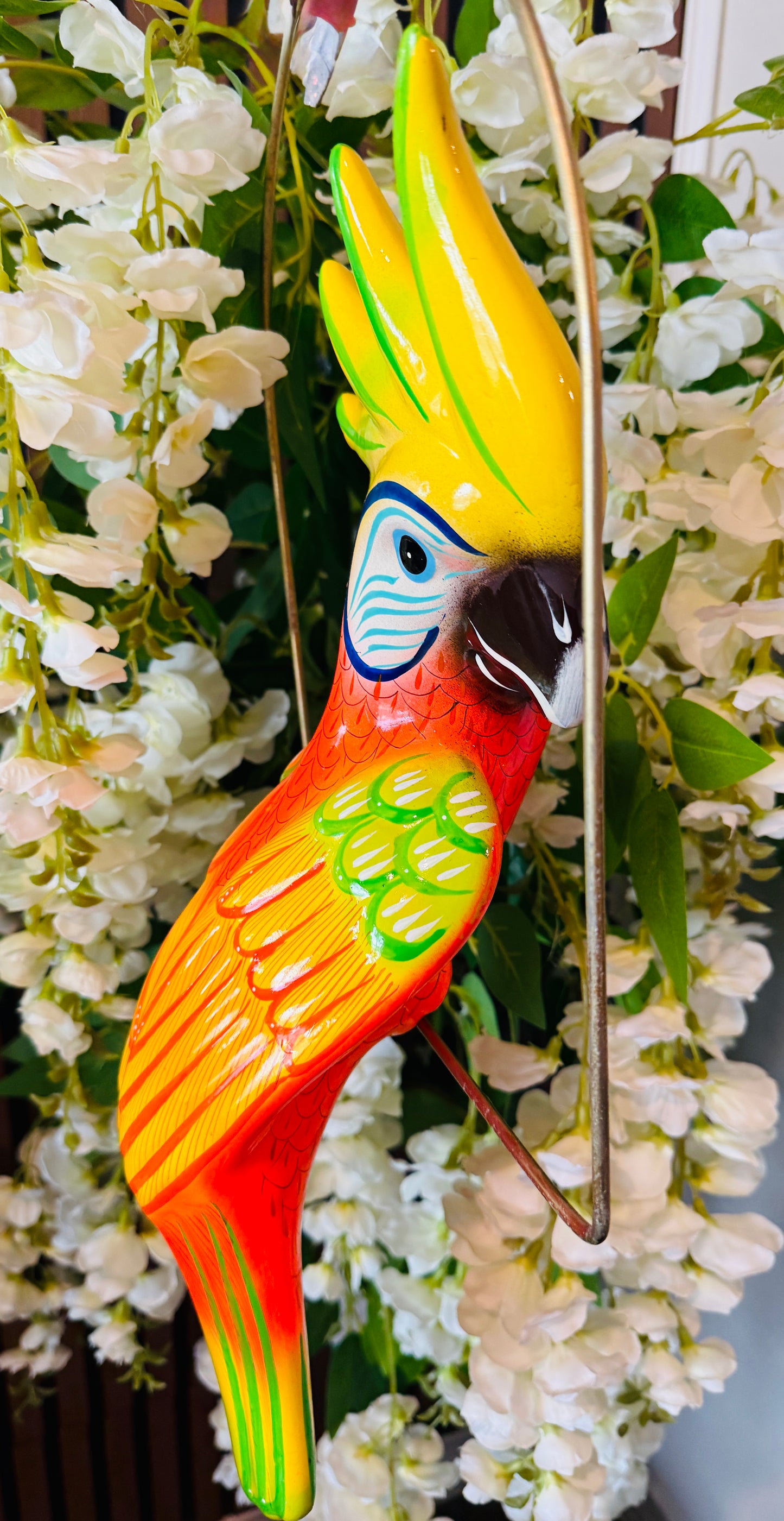 Mexican Exotic Ceramic Bird on a Perch Pajaro Mexicano de Ceramic en Aro