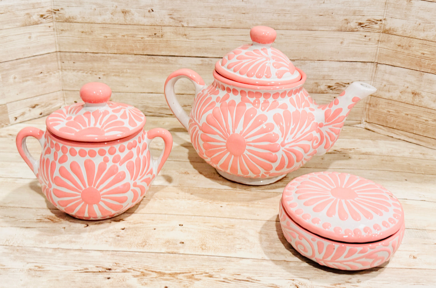 Mexican Pink Talavera Coffeepot Teapot Set with Sugar Bowl and Serving Dish with Lid Talavera Rosa Tetera con Azucarera y Charola Chica para Servir