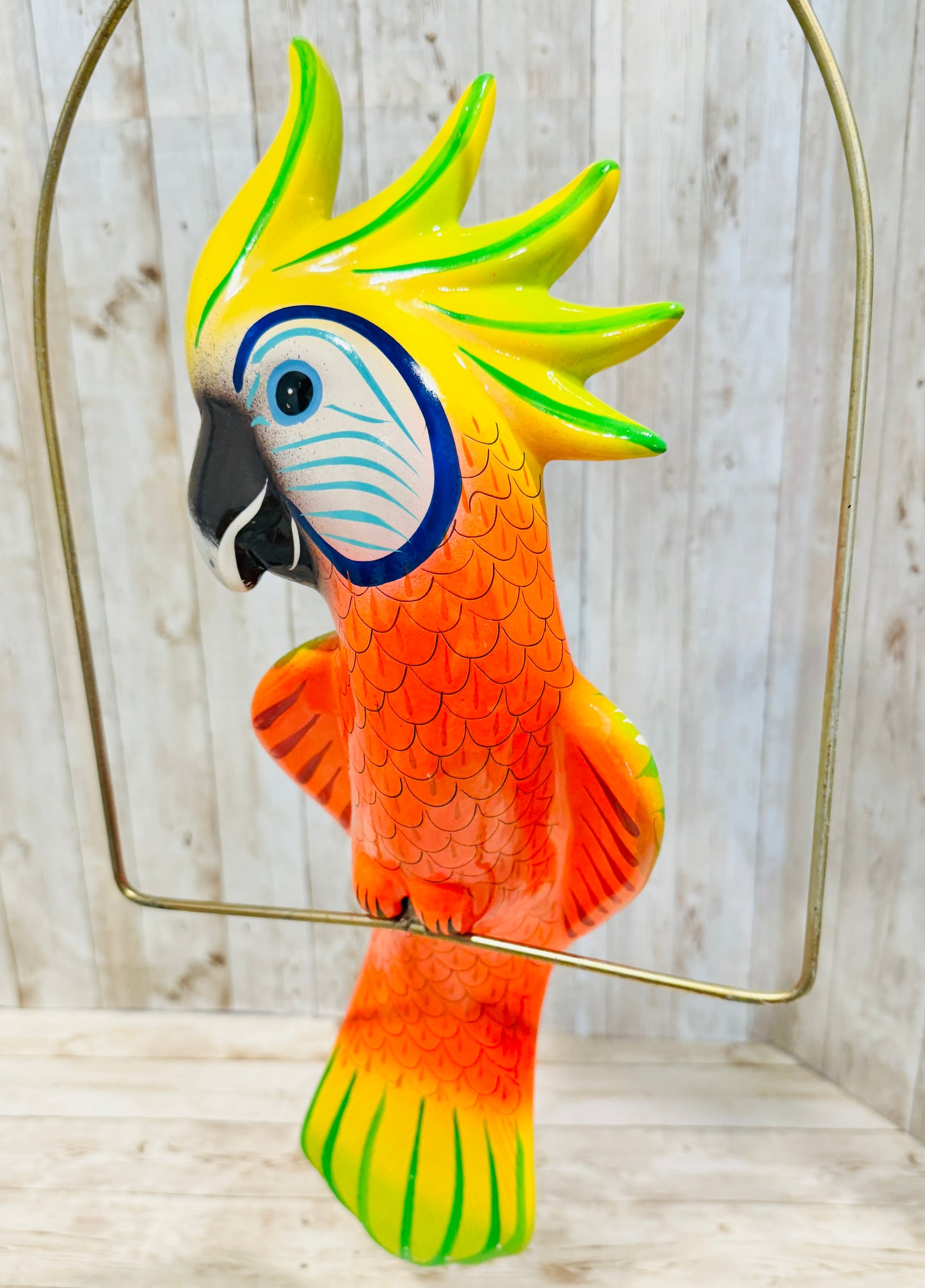 Mexican Exotic Ceramic Bird on a Perch Pajaro Mexicano de Ceramic en Aro