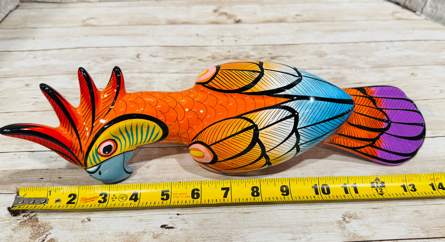 Mexican Exotic Ceramic Bird on a Perch Pajaro Mexicano de Ceramic en Aro