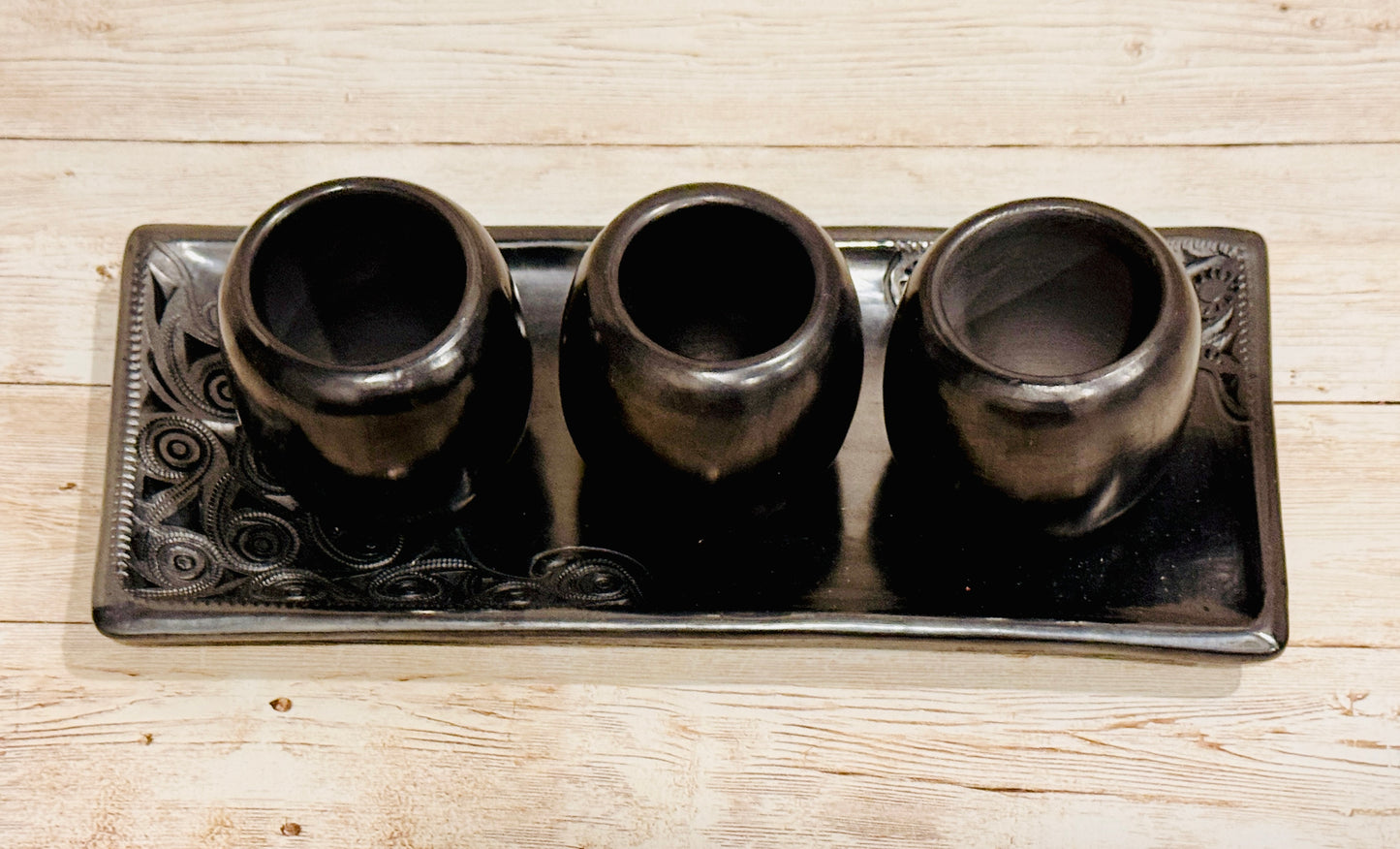 Black Oaxacan Shot Glasses Set with Plate 3 Vasos Tequileros con Bandeja