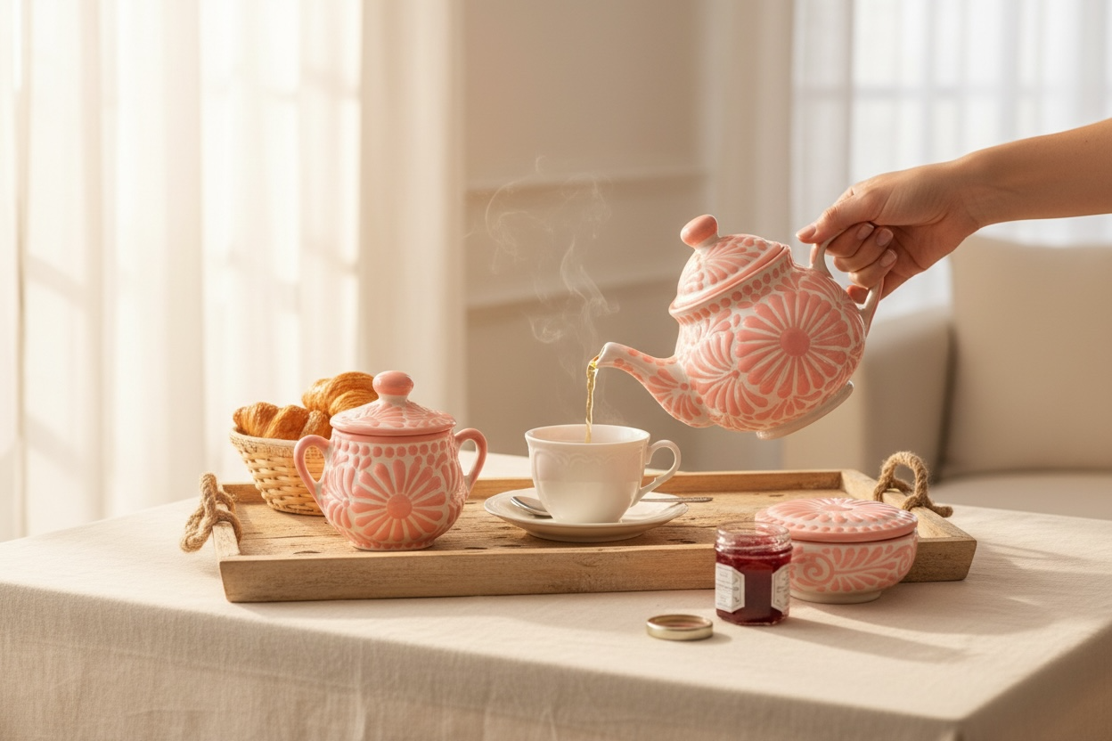 Mexican Pink Talavera Coffeepot Teapot Set with Sugar Bowl and Serving Dish with Lid Talavera Rosa Tetera con Azucarera y Charola Chica para Servir