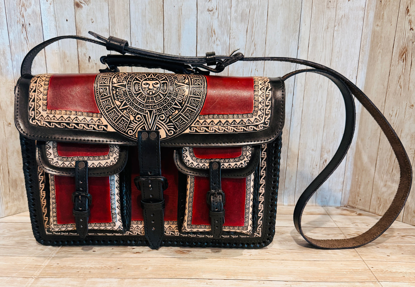 Tooled Leather  Handmade Aztec Satchel Mexican Artisan Shoulder Bag