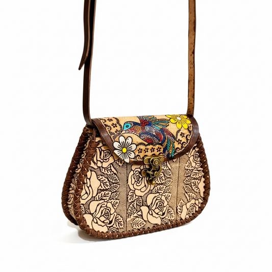 Mexican Leather Tooled Handbag Bolsa Mexicana de Piel Cincelada