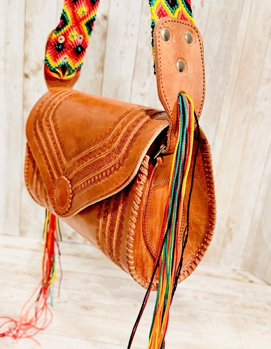 Handcrafted Tooled Western Mexican Leather Crossbody Bag with Woven Straps Bolsa Mexicana de Piel con Correa Tejida