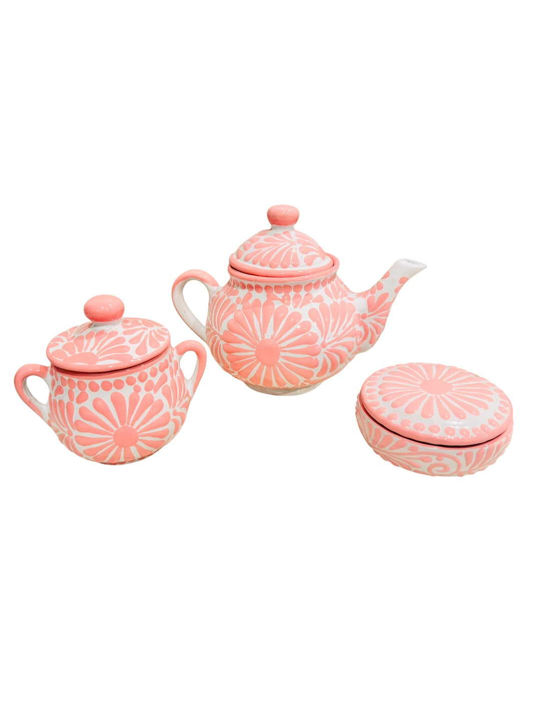 Mexican Pink Talavera Coffeepot Teapot Set with Sugar Bowl and Serving Dish with Lid Talavera Rosa Tetera con Azucarera y Charola Chica para Servir