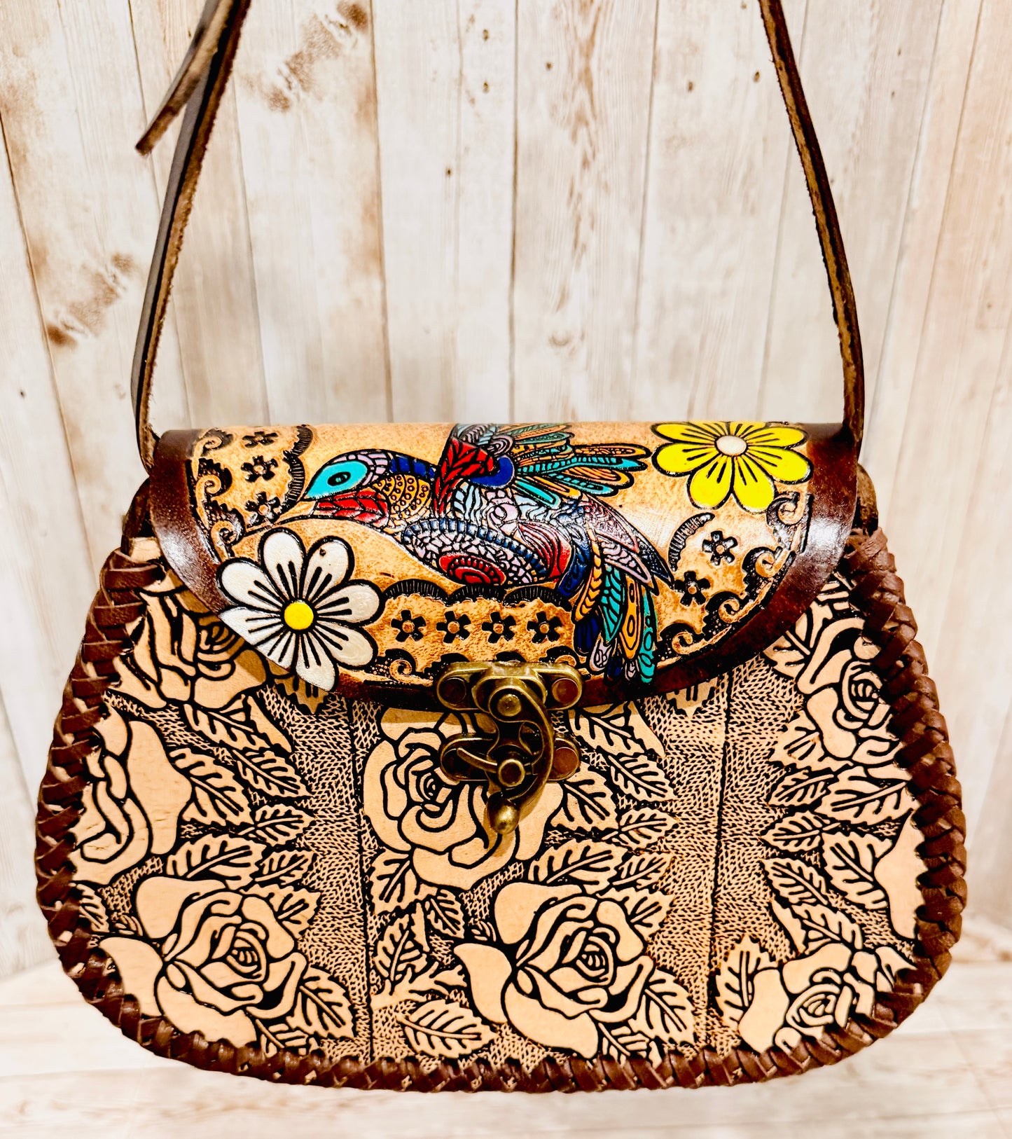 Mexican Leather Tooled Handbag Bolsa Mexicana de Piel Cincelada