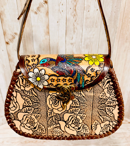 Mexican Leather Tooled Handbag Bolsa Mexicana de Piel Cincelada