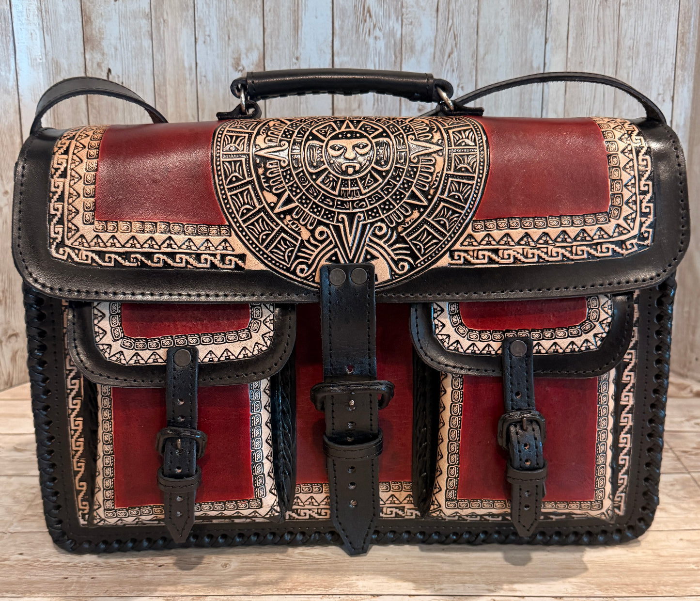 Tooled Leather  Handmade Aztec Satchel Mexican Artisan Shoulder Bag