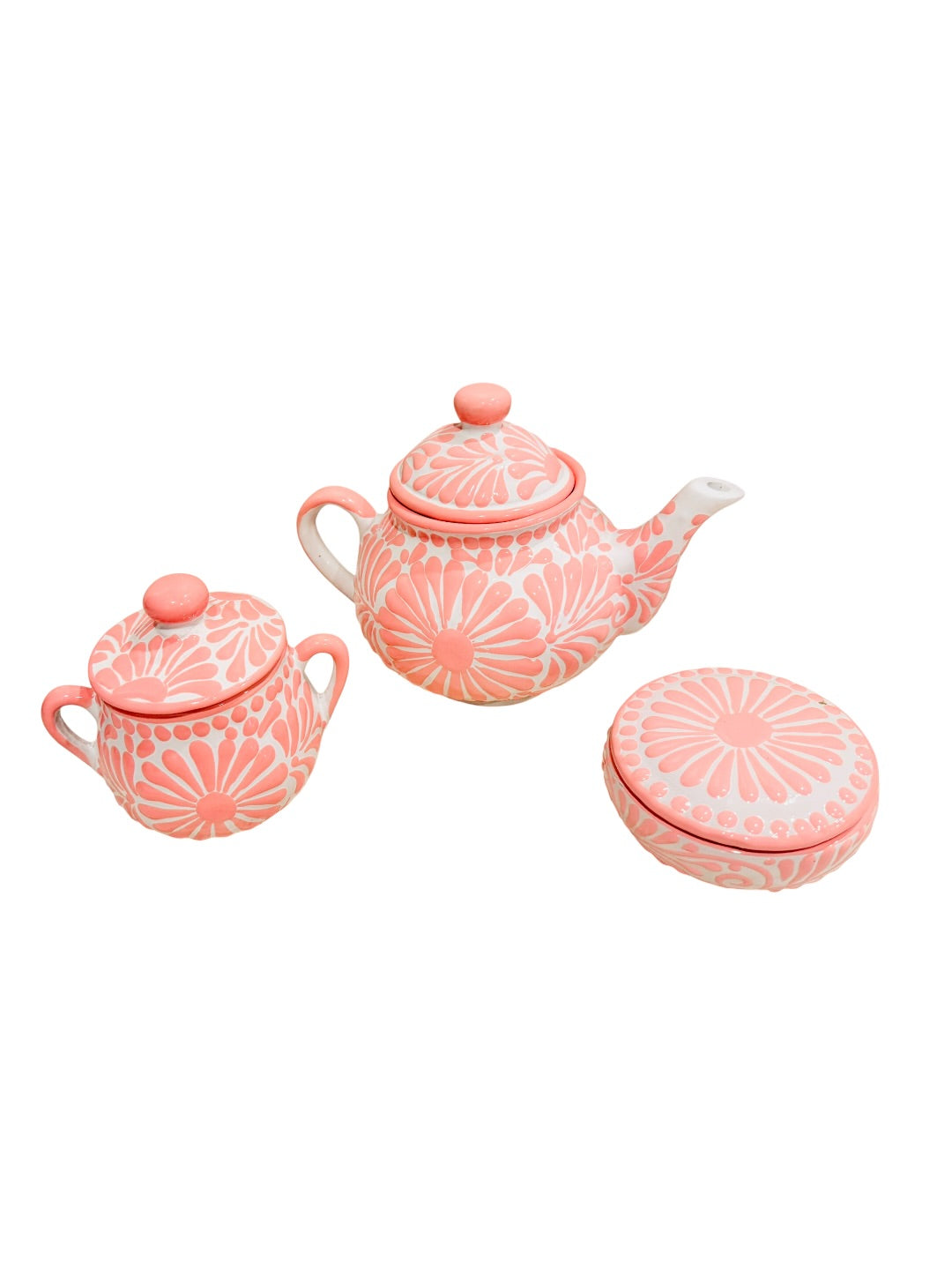 Mexican Pink Talavera Coffeepot Teapot Set with Sugar Bowl and Serving Dish with Lid Talavera Rosa Tetera con Azucarera y Charola Chica para Servir