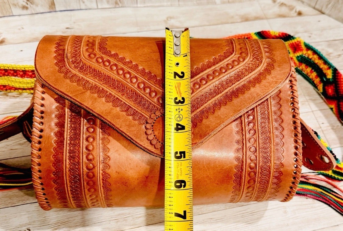 Handcrafted Tooled Western Mexican Leather Crossbody Bag with Woven Straps Bolsa Mexicana de Piel con Correa Tejida