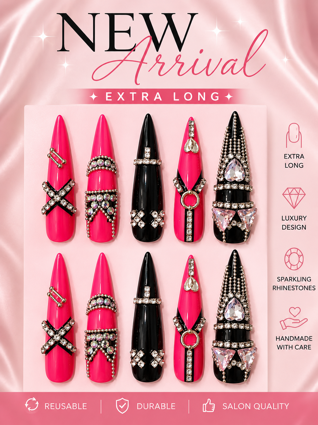 Luxury Handmade Long Press On Nails Glitter, Rhinestones, Charms Size Large