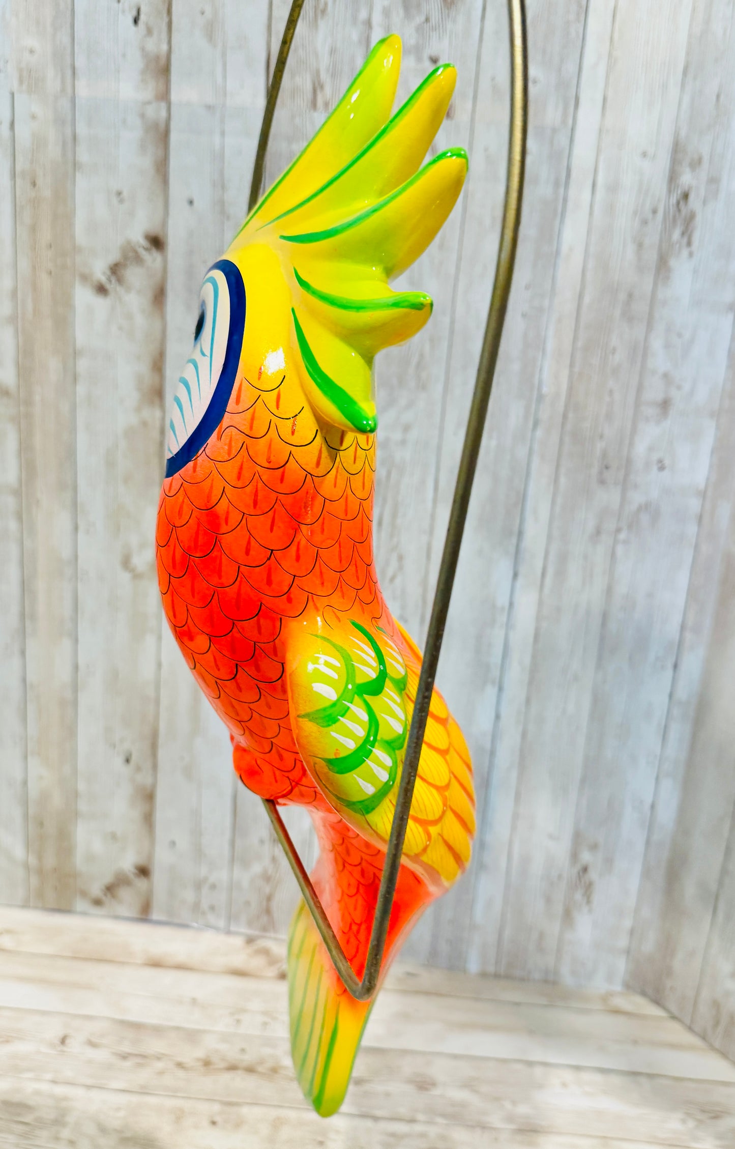 Mexican Exotic Ceramic Bird on a Perch Pajaro Mexicano de Ceramic en Aro