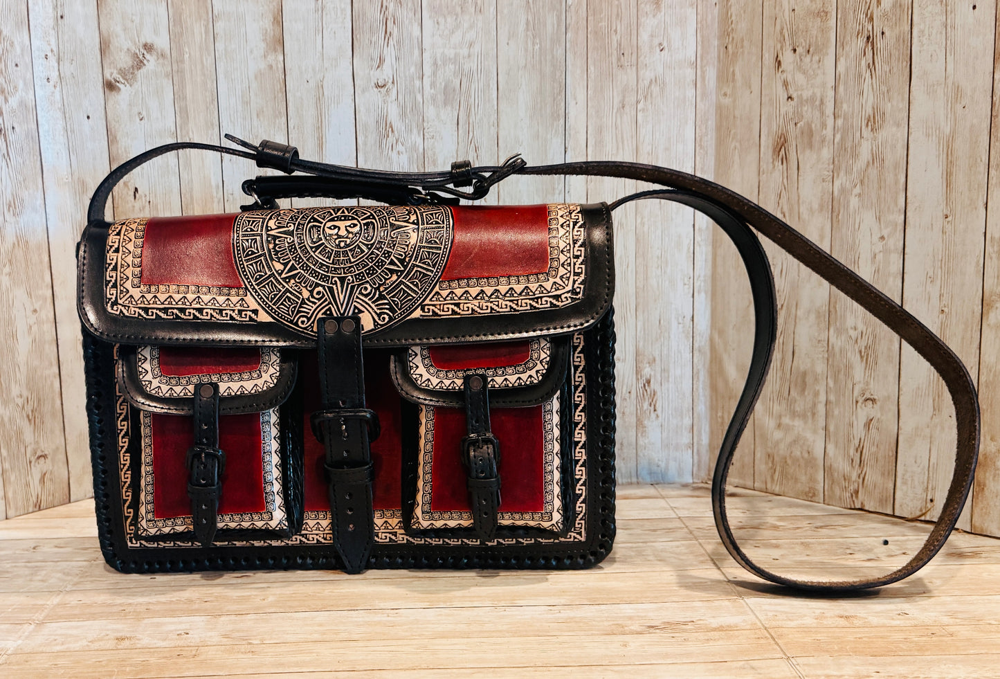 Tooled Leather  Handmade Aztec Satchel Mexican Artisan Shoulder Bag