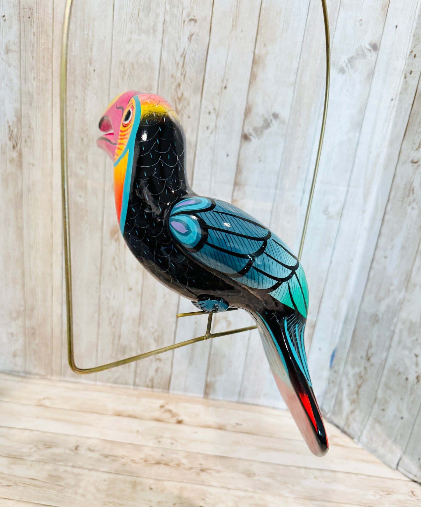 Mexican Exotic Ceramic Bird on a Perch Pajaro Mexicano de Ceramic en Aro
