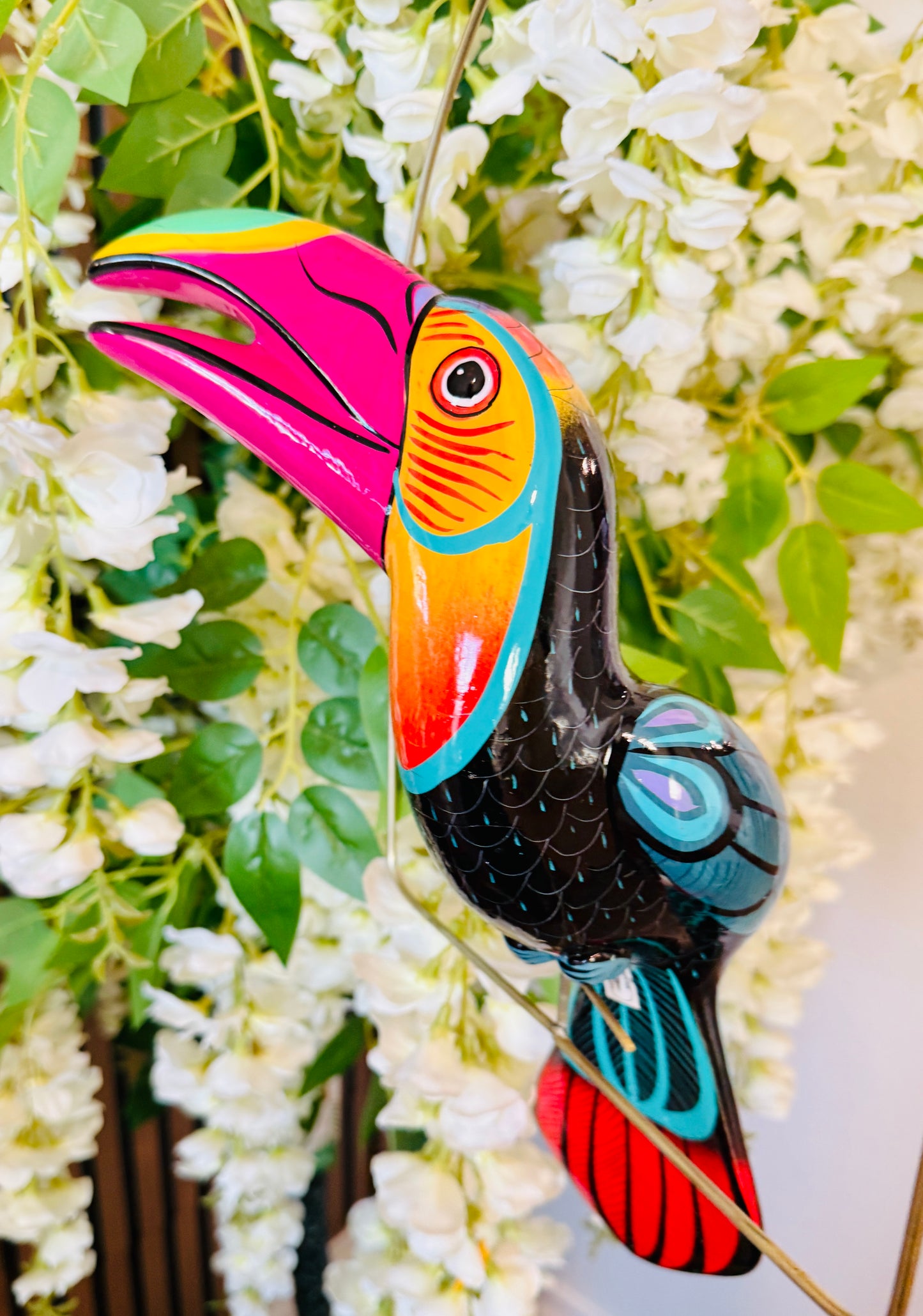 Mexican Exotic Ceramic Bird on a Perch Pajaro Mexicano de Ceramic en Aro