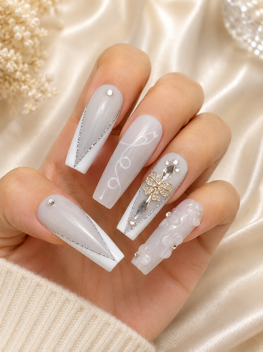 Pearl Bow Elegance Press-On Nails Size Medium