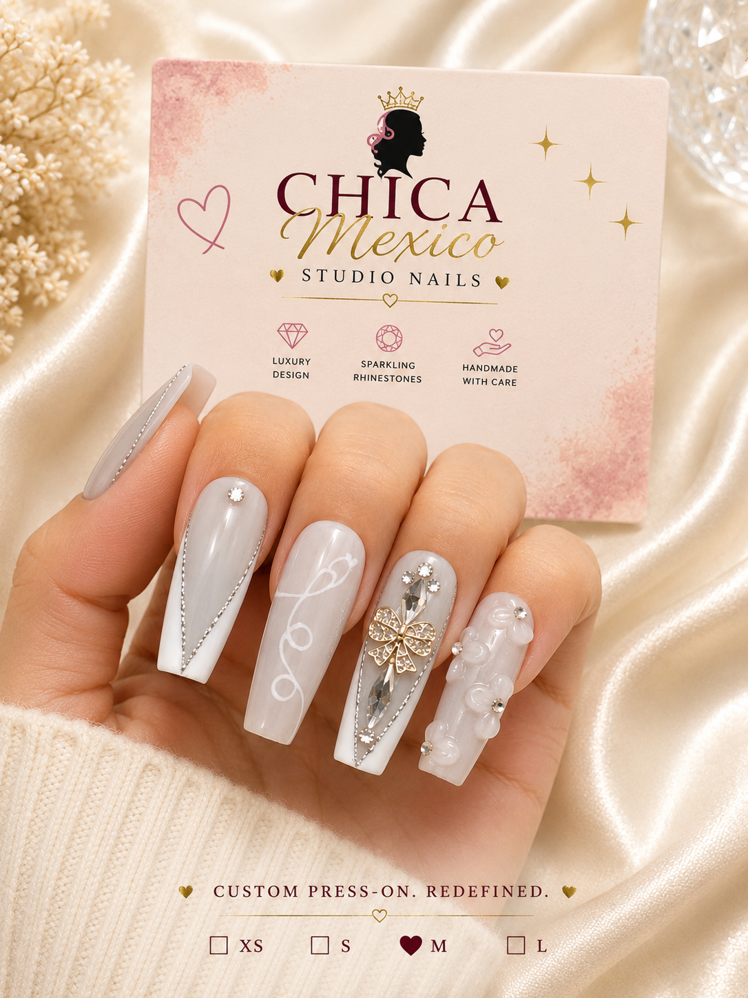 Pearl Bow Elegance Press-On Nails Size Medium