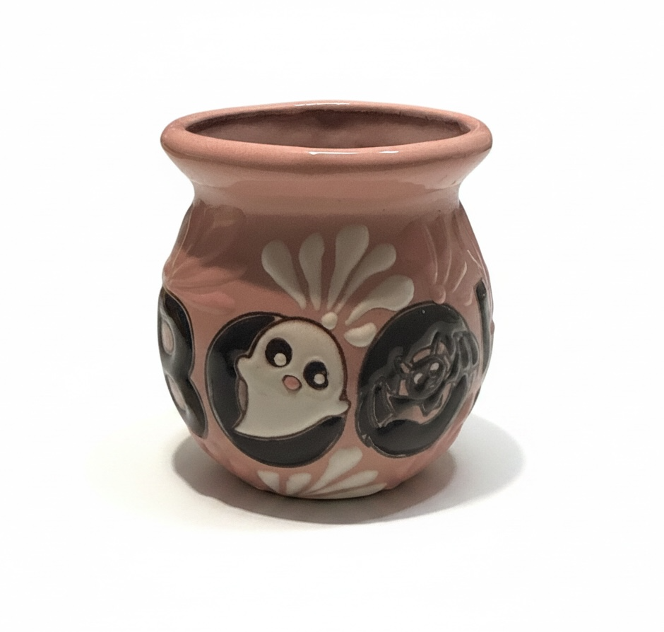 Pink Ghostface Talavera Coffee Mug Taza de Café Mexicana Pintada a Mano Spooky Halloween Cup