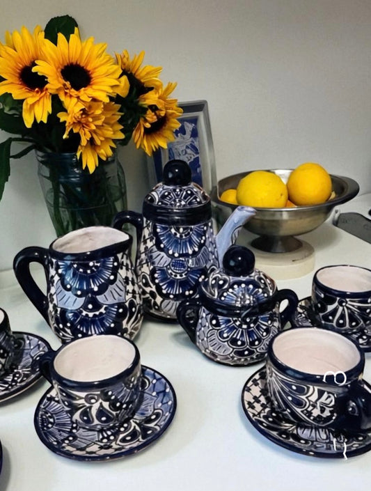 Mexican Talavera Tea Coffee Set Drinkware With 6  Mugs Sugar Bowl Talavera Mexicana de Cafe/Te con Tazas Platos Azucarera y Tetera