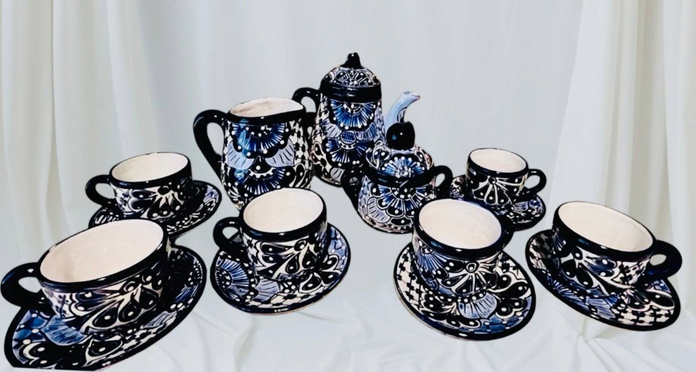 Mexican Talavera Tea Coffee Set Drinkware With 6  Mugs Sugar Bowl Talavera Mexicana de Cafe/Te con Tazas Platos Azucarera y Tetera
