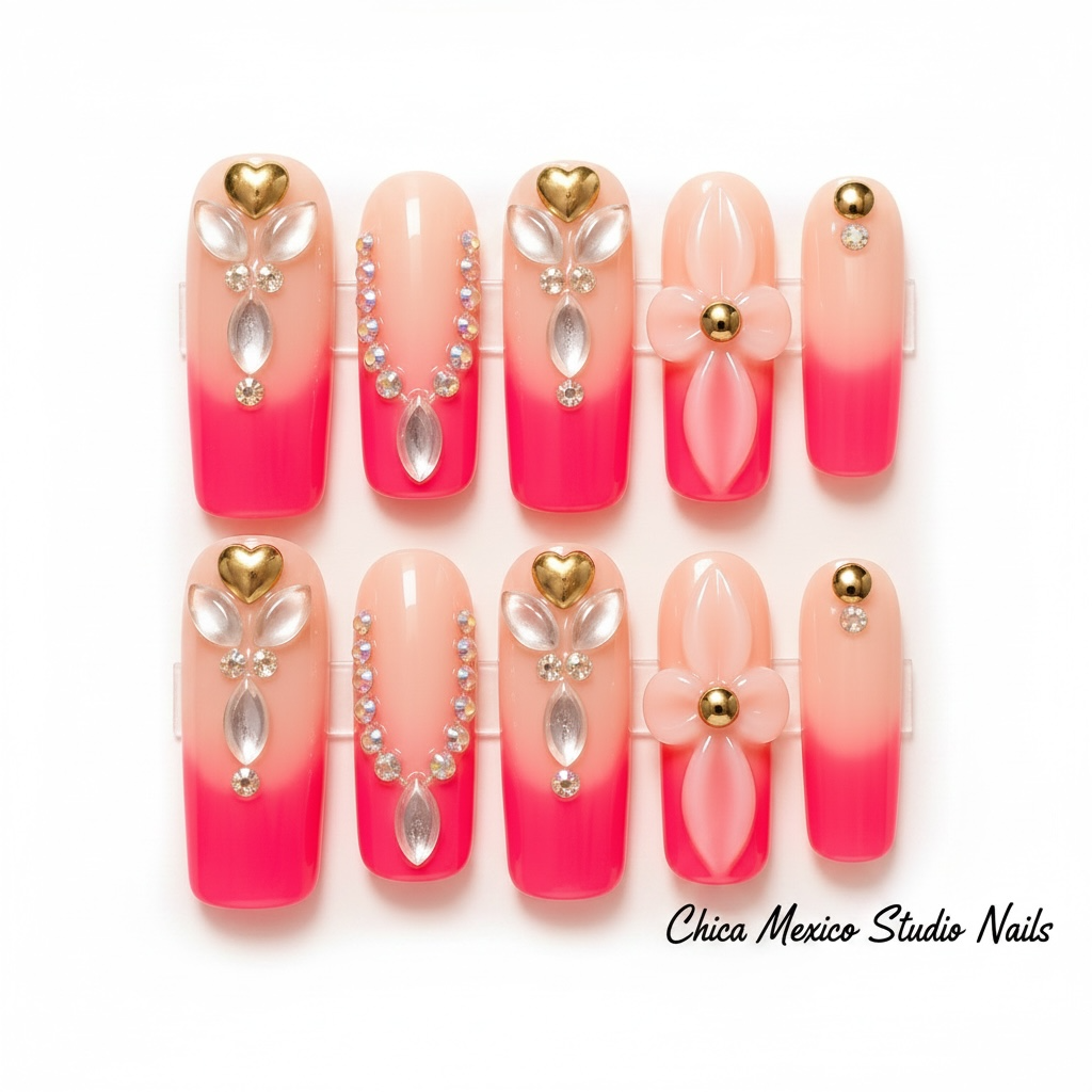 Neon Sunset Heart French Press-On Nails Size Medium
