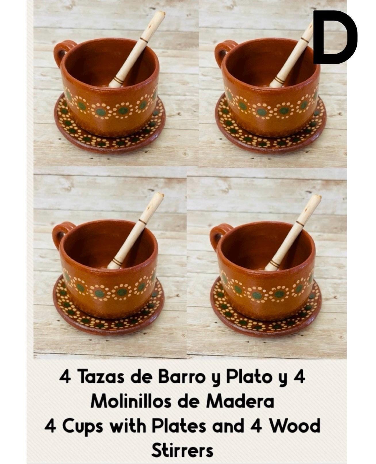 Taza de Barro y Plato con Molinillo y Cuchara de Madera Chica Terra Cota Mug with Plate & Small Wood Spoon and Stirrer for Mug