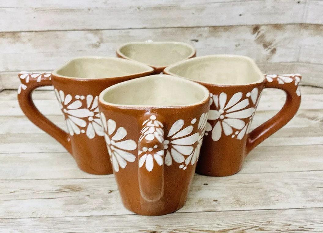 4x Mexican Ceramic Heart Shaped Pottery Cups 4x Tazas de Ceramica Mexicanas en Forma de Corazon