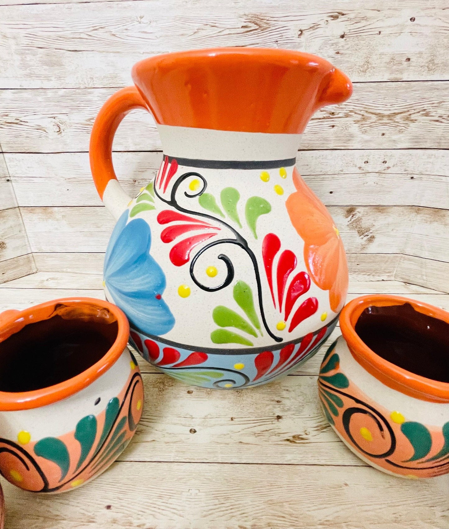 Terra Cotta Mexican Art Pottery Pitcher With 6 Cups Jarra Artesanal Mexicana