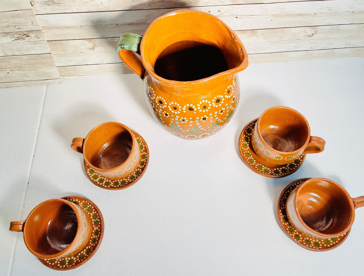 Terra Cotta Mexican Art Pottery CoffeeTea Set Drinkware With 4 Mugs 4 Plates Jarra Lechera Artesanal Mexicana con 4 tazas y 4 platos