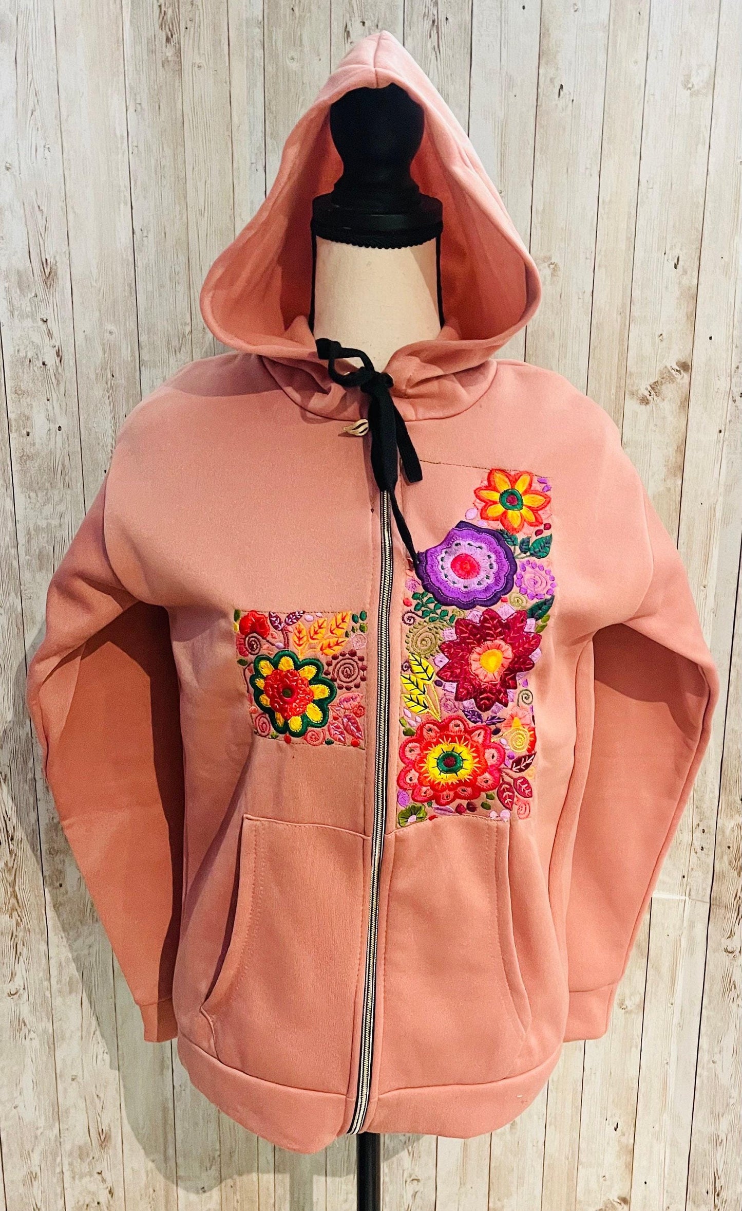 Mexican Embroidered Hoodie Zip Front Sweater Size Large Sueter Bordado Mexicano con Zipper