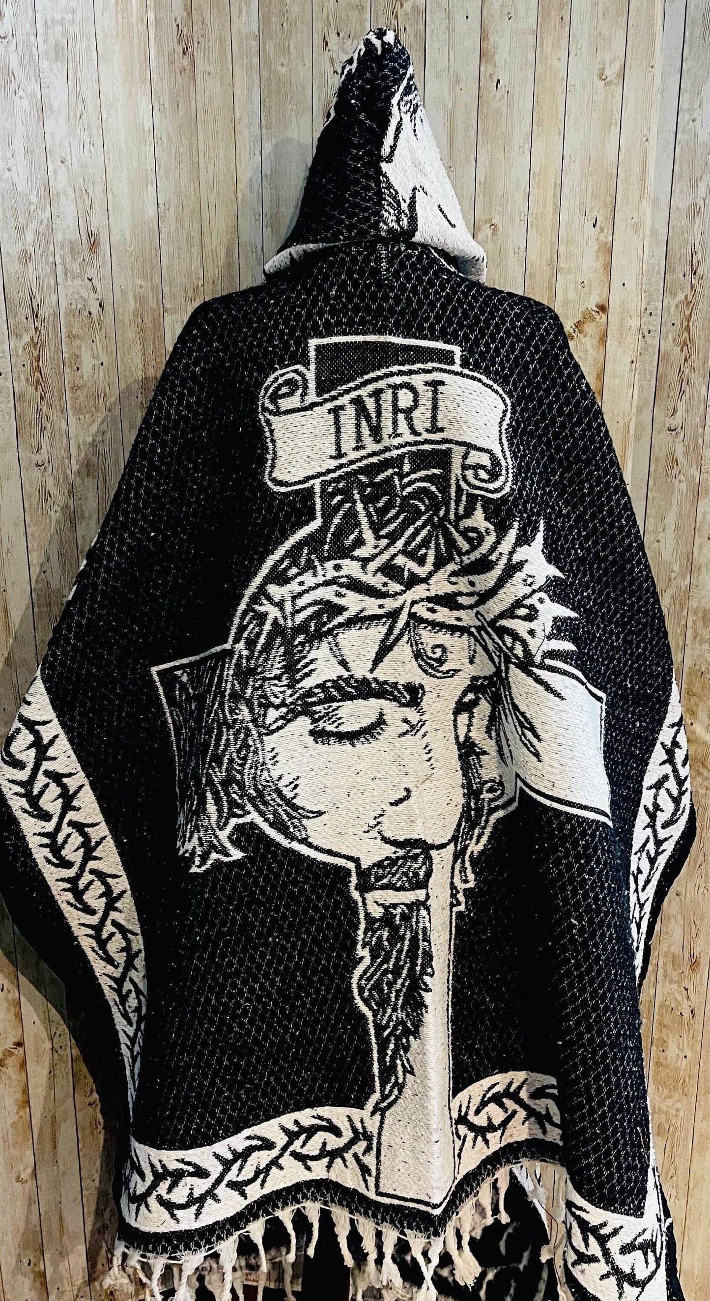 Mexican Double Sided Poncho Christ and INRI on Back Poncho Doble Vista de Cristo y INRI Atras