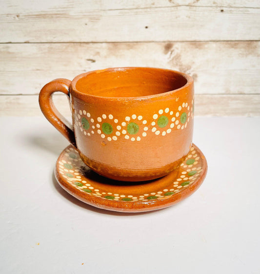 Terra Cotta Mexican Art Pottery CoffeeTea Mugs with Plates Tazas de Barro Artesanales  Mexicana con Plato
