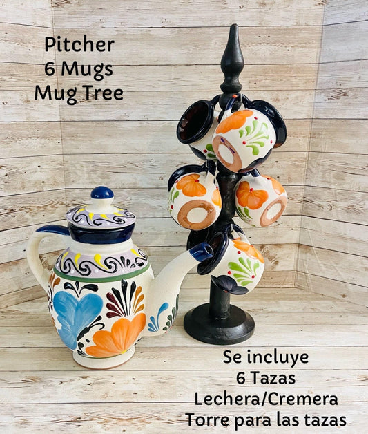 Terra Cotta Mexican Art Pottery CoffeeTea Pot with 6 Mugs and Mug Tree Jarra Lechera Cafetera Artesanal Mexicana Engove con 6 Tazas y Torre