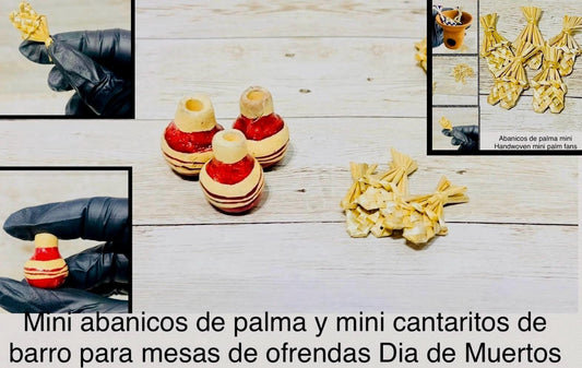 Mexican Miniature Day of Dead Handwoven Mini Fans & Mini Cantaritos Mini Abanicos de Palma y Mini Cantaritos de Barro  Dia De Los Muertos