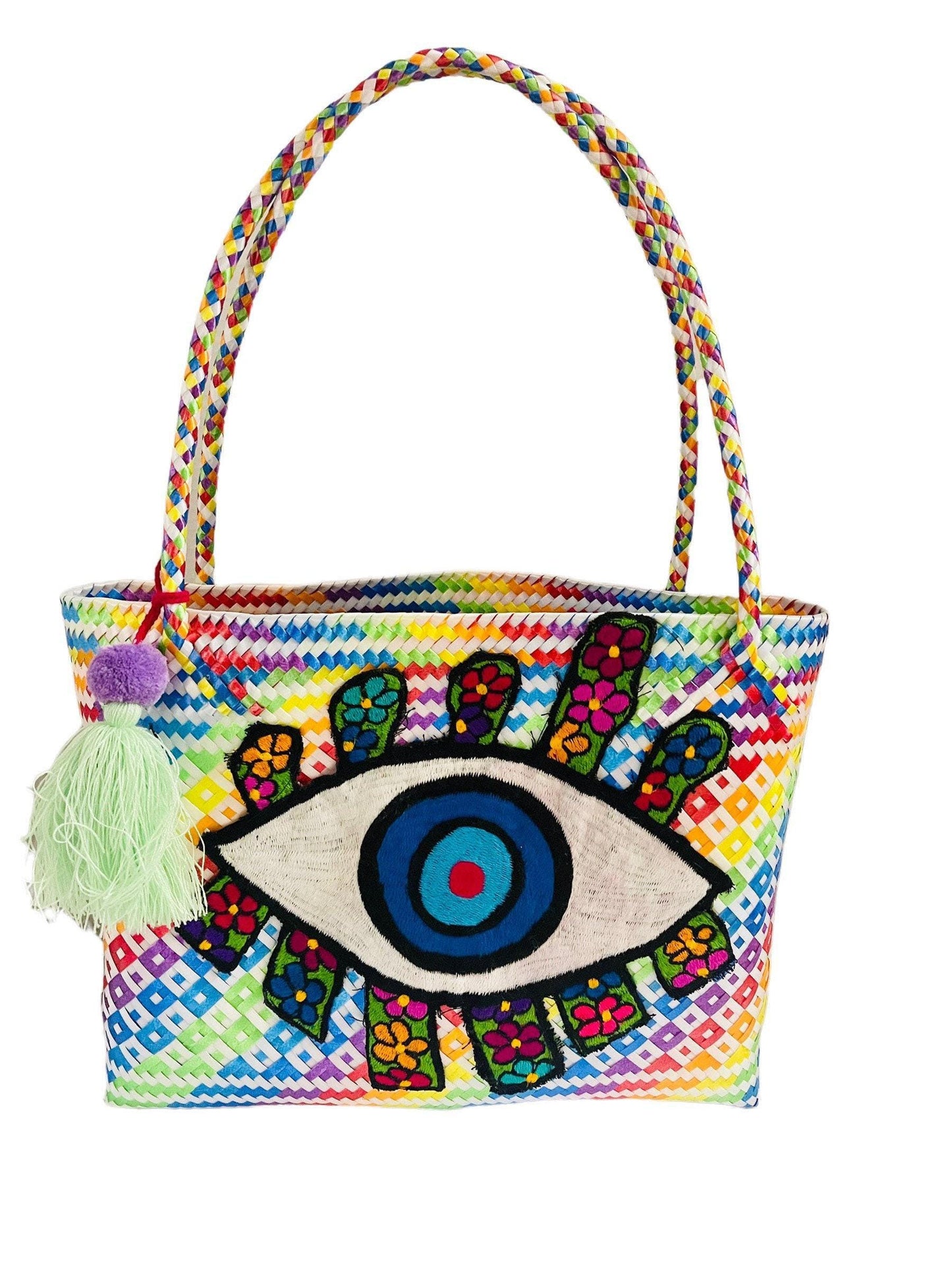 Hamsa Evil Eye Hand Woven Plastic Tote Bolsa Mexicana Artesenal Hamsa Mal De Ojo