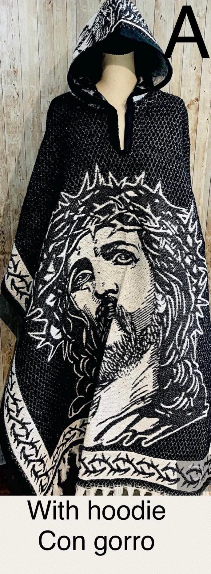 Mexican Double Sided Poncho Christ and INRI on Back Poncho Doble Vista de Cristo y INRI Atras
