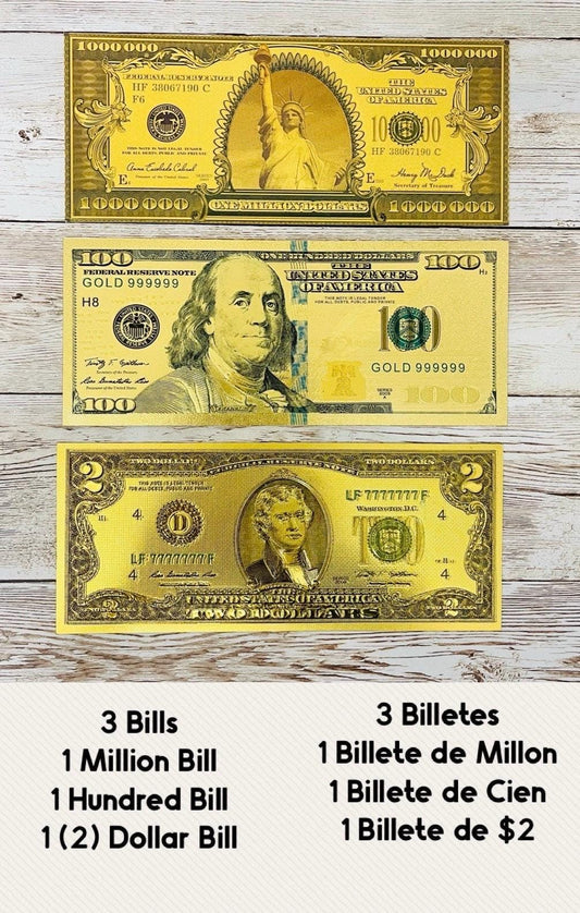 3 Billetes de Amuleto Ley De Attraccion Dinero 1 Billete de Millon, 1 Billete de Cien 1 Billete de 2 Amulet Law Of Attraction Money Bills