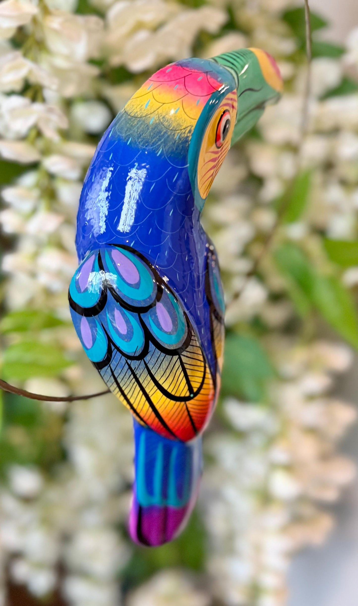 Hanging Exotic Bird in Ring Mexican Pottery Ceramic Pajaro De Cerámica