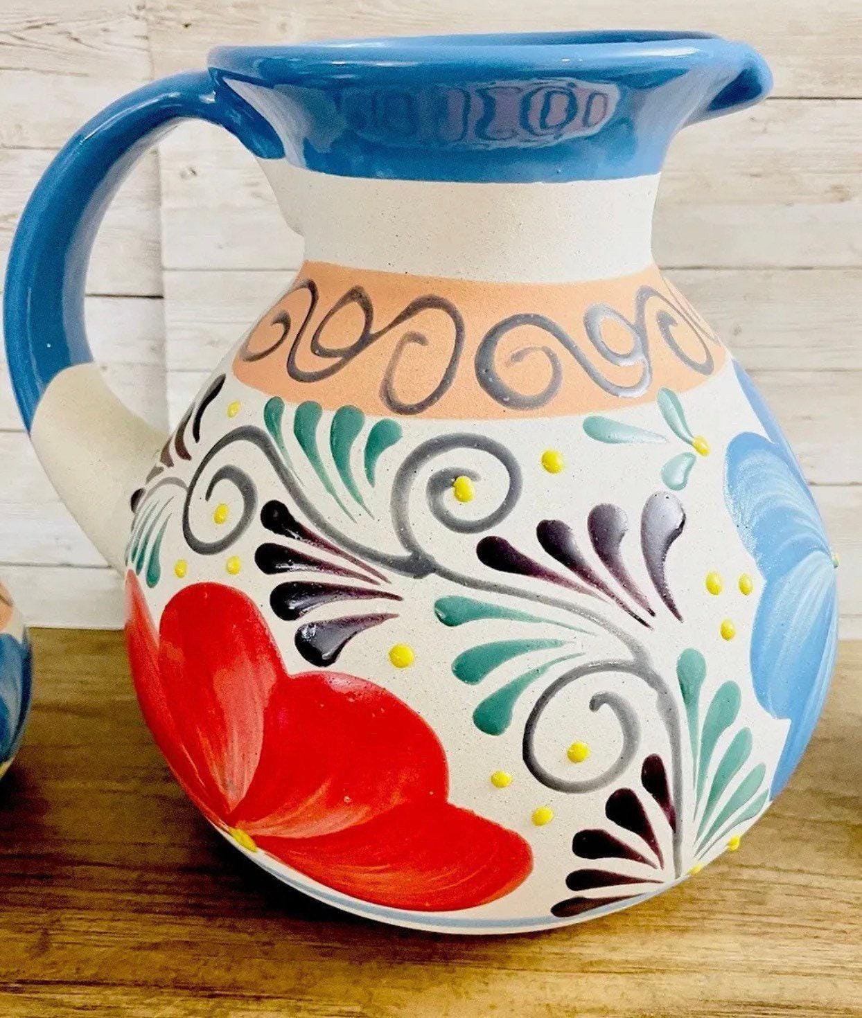 Terra Cotta Mexican Art Pottery Pitcher With 6 Cups Jarra Artesanal Mexicana