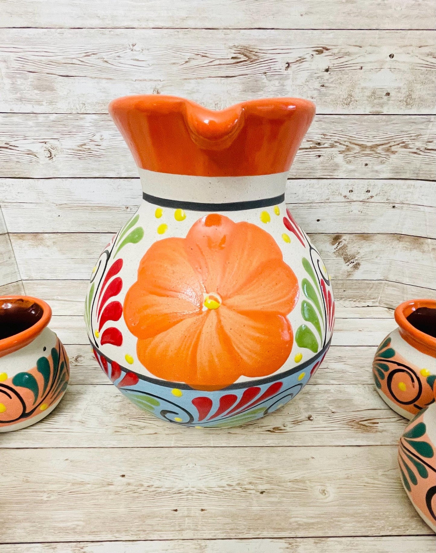 Terra Cotta Mexican Art Pottery Pitcher With 6 Cups Jarra Artesanal Mexicana