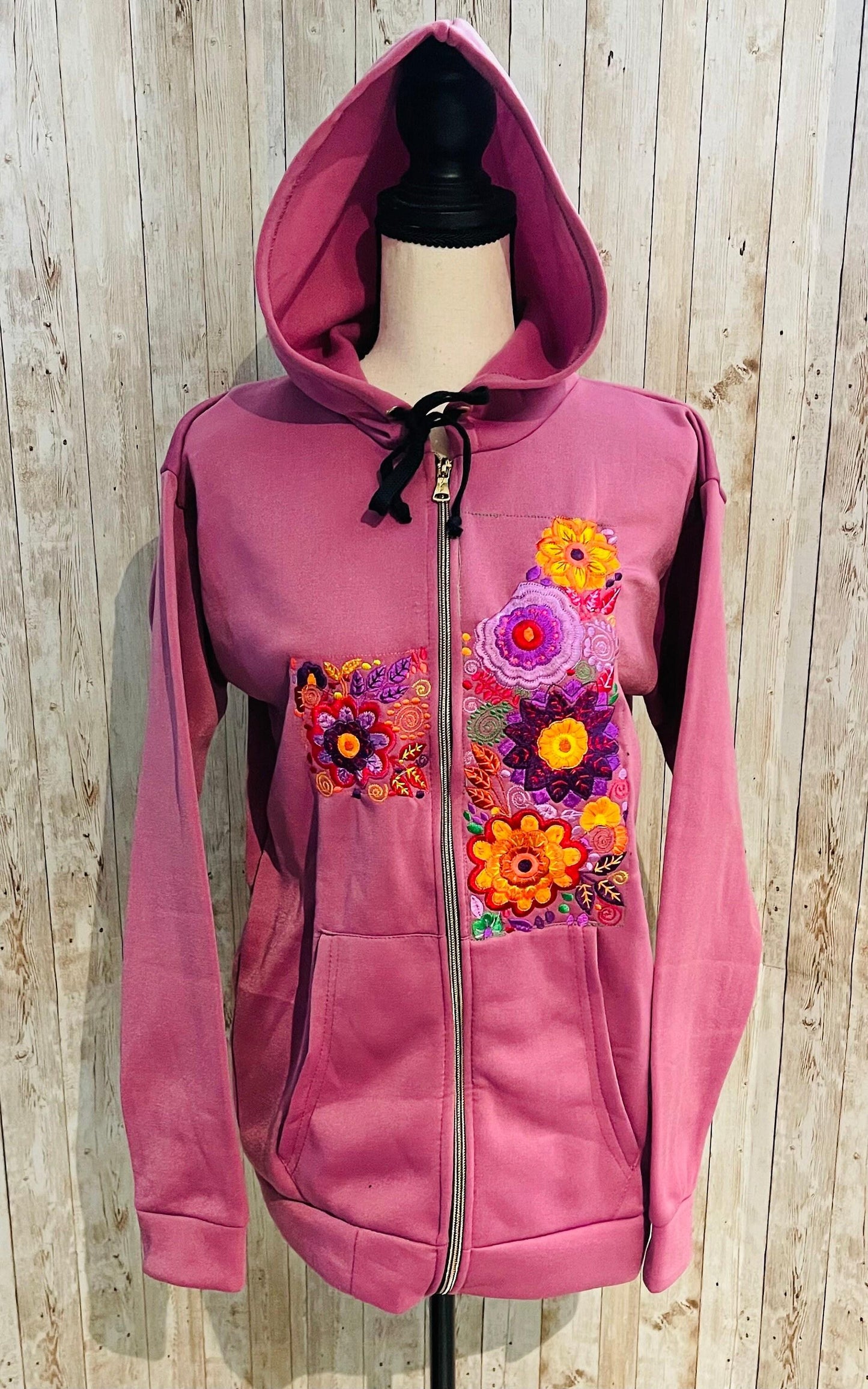 Mexican Embroidered Hoodie Zip Front Sweater Size XL Sueter Bordado Mexicano